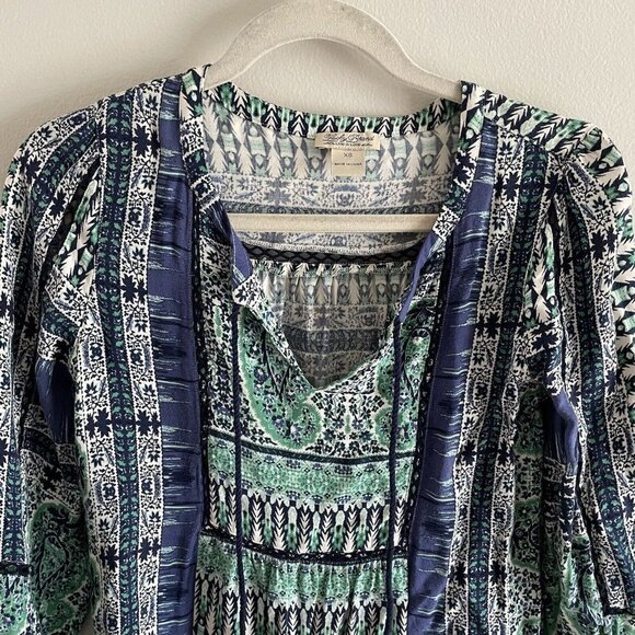 Lucky Brand Wmn SZ XS Blue/Green/White Boho Tunic Style Tie Neckline Short Dress - Picture 5 of 11